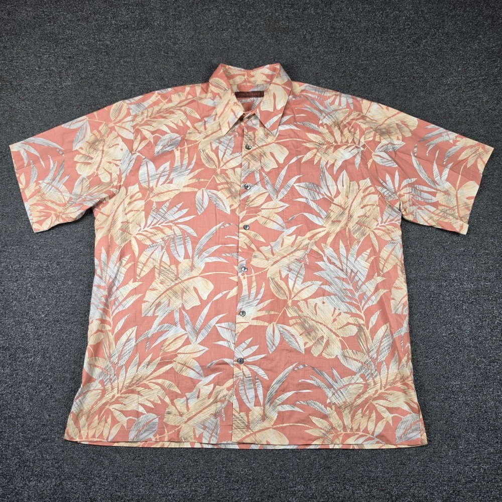 Tori Richard Button Up Shirt Coral Mens XL Cotton Lawn Tropical Leaves Hawaiian